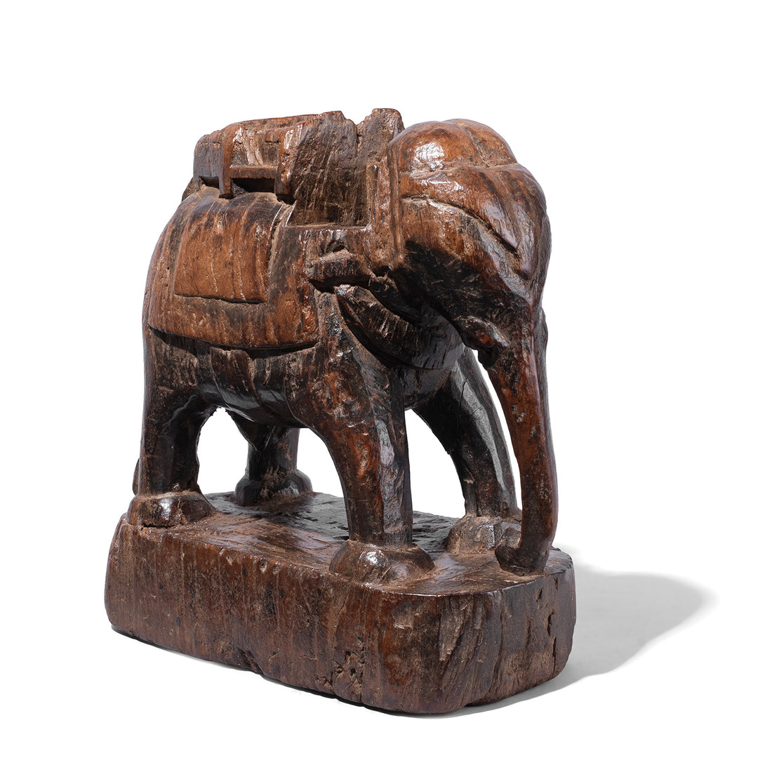 Carved Teak Gujarati Elephant With Stylised Panniers And Aged Patina