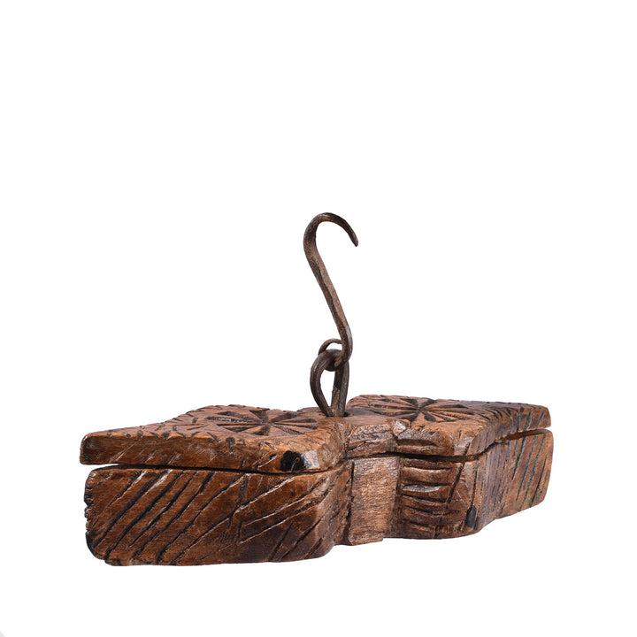 Carved Teak Hanging Tika Box With Lotus Motifs And Tribal Geometric Design