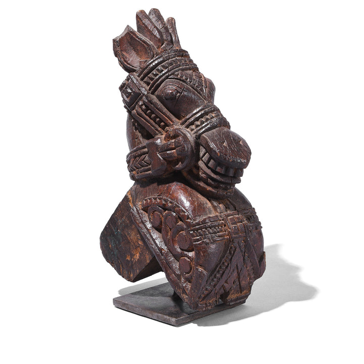 Carved Teak Horse Head Architectural Corbel On Iron Stand From Gujarat 19th Century