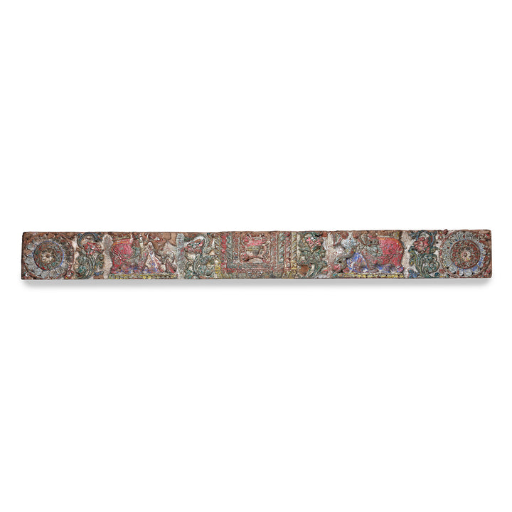 Carved Teak Lintel Panel From Gujarat With Painted Elephants And Floral Motifs