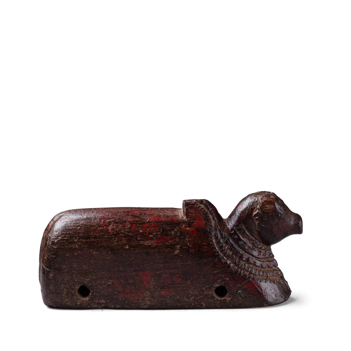 Carved Teak Nandi Bull Toy From South India With Red Pigment Traces