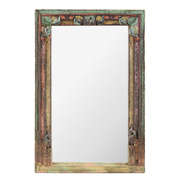 Hand Carved Painted Indian Teak Door Mirror With Peacock Frame Detailing