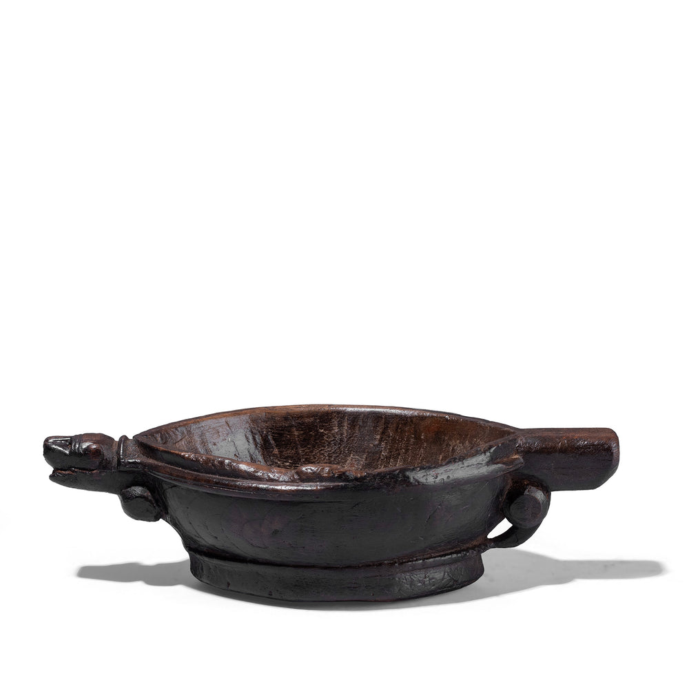 Carved Teak Rajasthani Kharal With Tiger Head Spout And Dark Patina