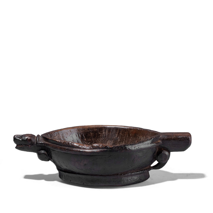 Carved Teak Rajasthani Kharal With Tiger Head Spout And Dark Patina