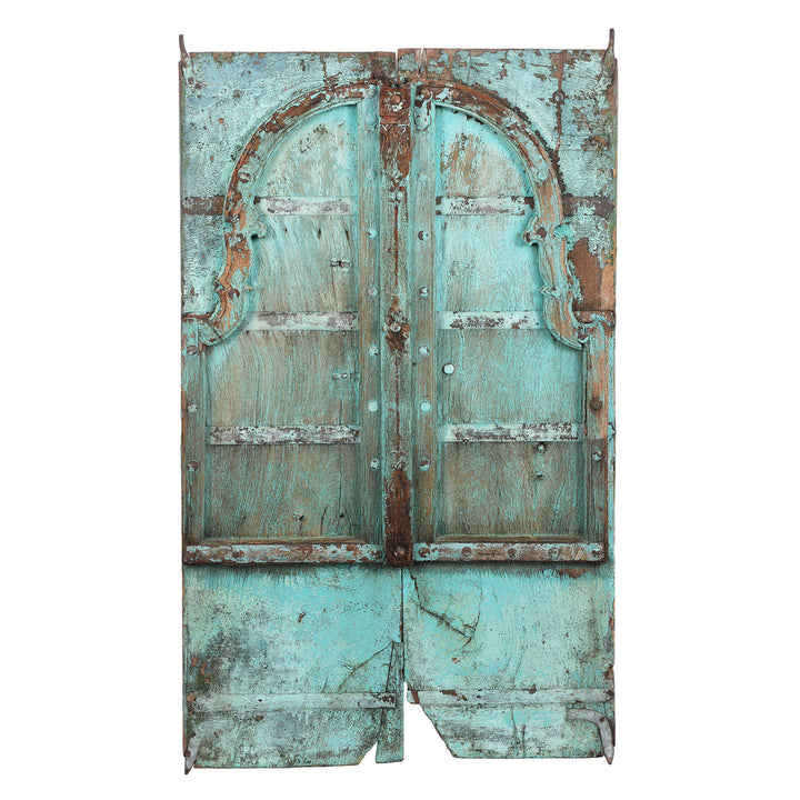 Carved Teak Rajasthani Window Shutters With Mughal Arch And Distressed Turquoise Painted Finish | Indigo Antiques