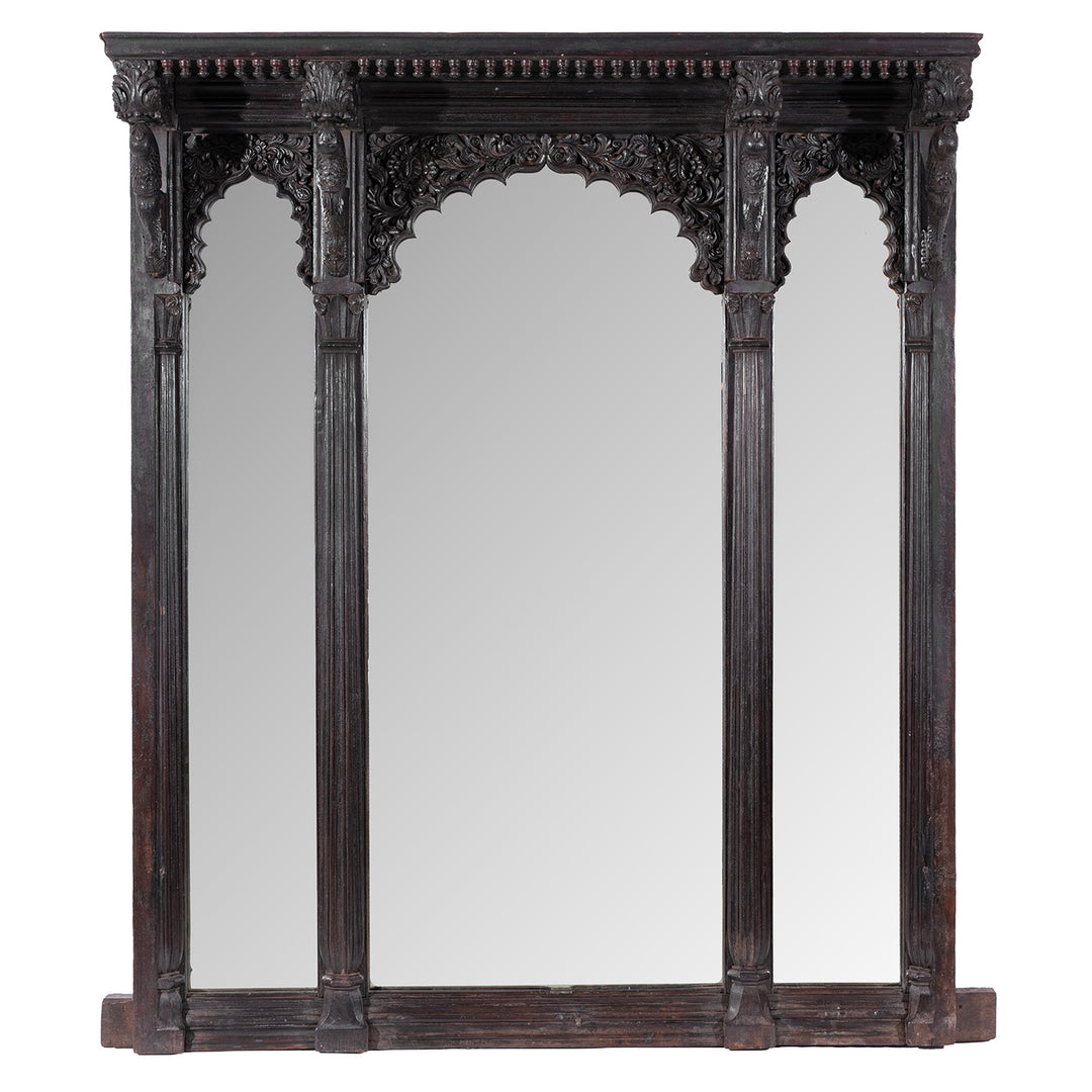 Carved Teak Triple Arch Window Mirror From Kutch With Mughal Arches And Parrot Detailing