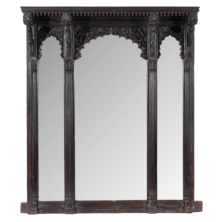 Carved Teak Triple Arch Window Mirror From Kutch With Mughal Arches And Parrot Detailing