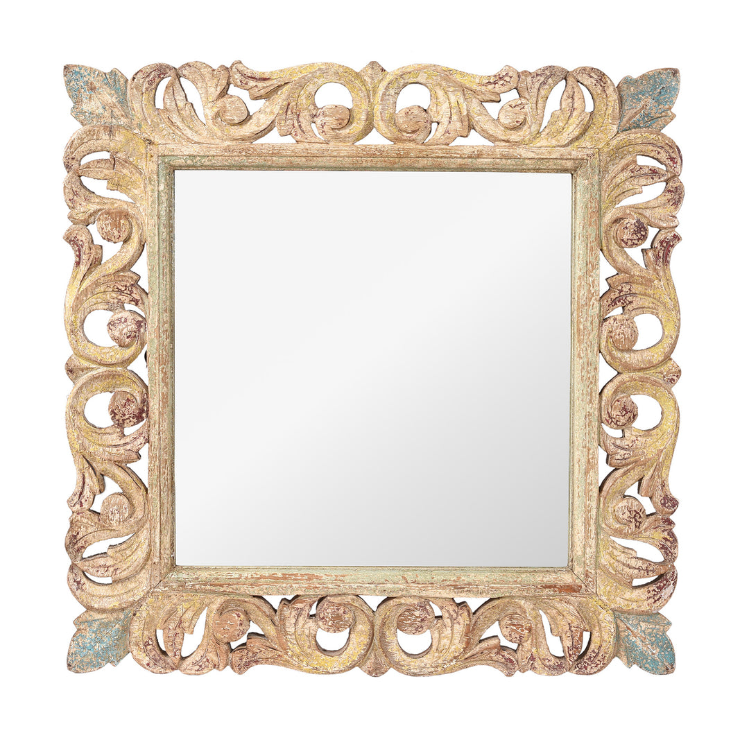Carved Mango Wood Indian Mirror With Yellow And Blue Painted Frame