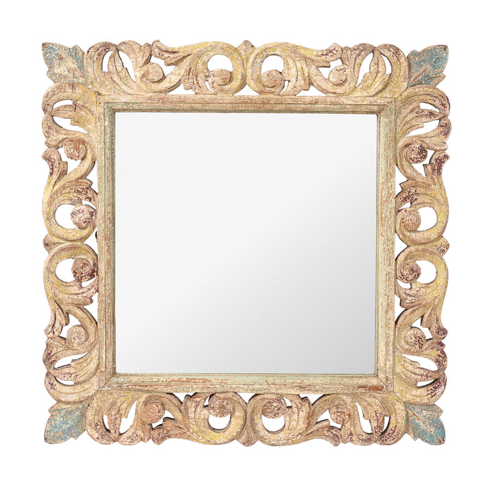 Carved Mango Wood Indian Mirror With Yellow And Blue Painted Frame