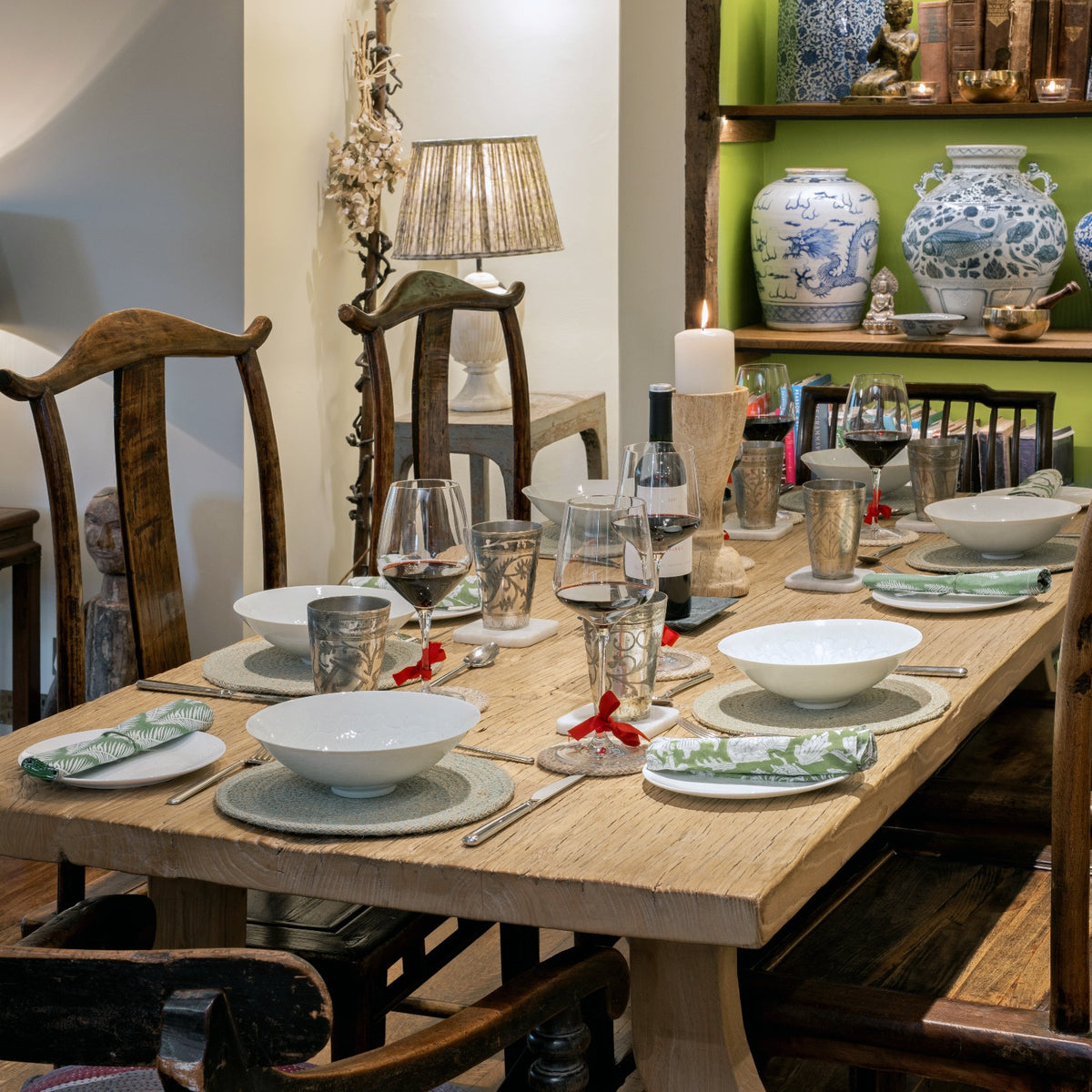 Reclaimed Bleached Elm Dining Table Setting Ready for Dinner and Guests | Indigo Antiques