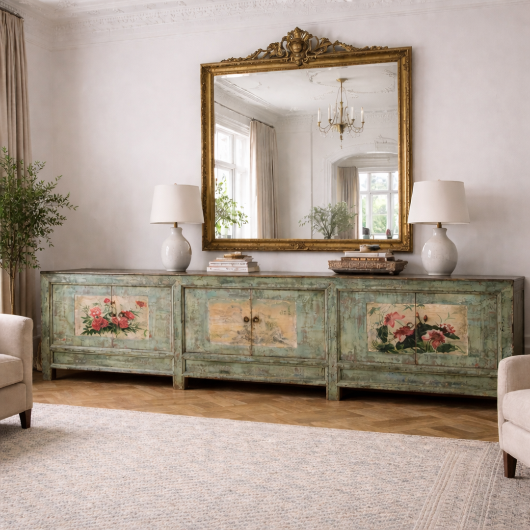Vintage Mint Painted Shanxi Sideboard With Floral And Landscape Painted Panels And Long Low Form
