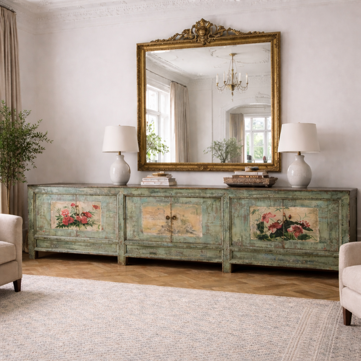 Vintage Mint Painted Shanxi Sideboard With Floral And Landscape Painted Panels And Long Low Form