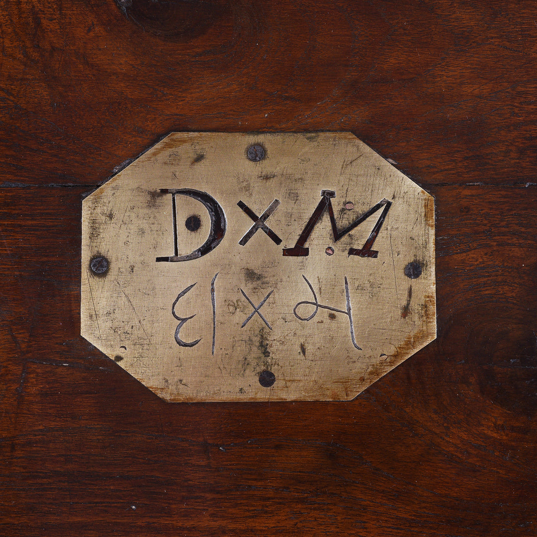 Nameplate Detail Frpm Antique Brass Bound Anglo Indian Teak Military Chest With Nameplate And Devanagari Numerals