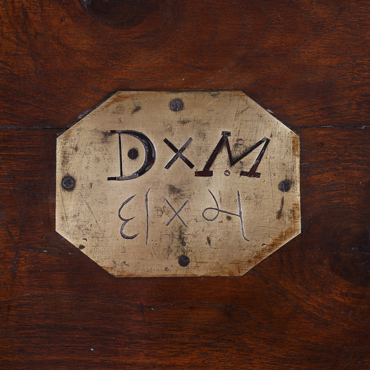 Nameplate Detail Frpm Antique Brass Bound Anglo Indian Teak Military Chest With Nameplate And Devanagari Numerals