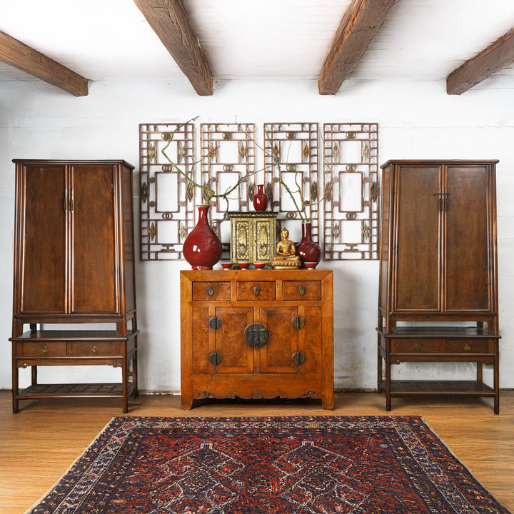 Chinese antique furniture in an Oriental room with Chinese cabinets on stands and an Antique Chinese Pine Window Screen From Shanxi | Indigo Antiques