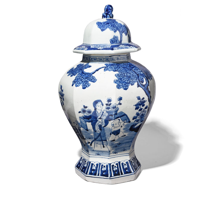 Facetted Chinese Blue & White Porcelain Temple Jar - Women & Children| Indigo Antiques