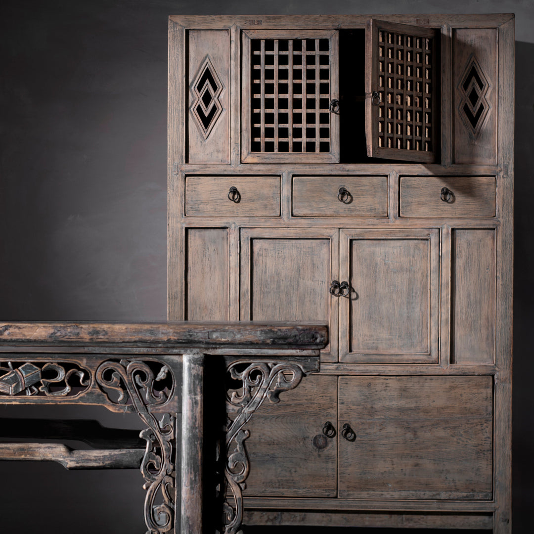 Antique Rustic Wood Lattice Kitchen Cabinet From China - 19th Century