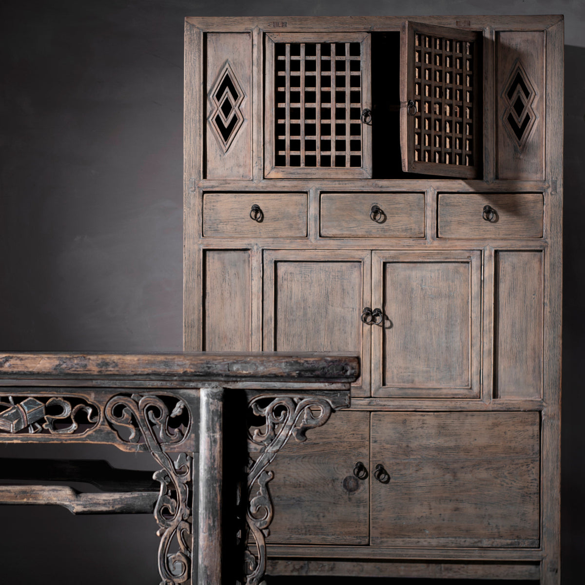 Antique Rustic Wood Lattice Kitchen Cabinet From China - 19th Century