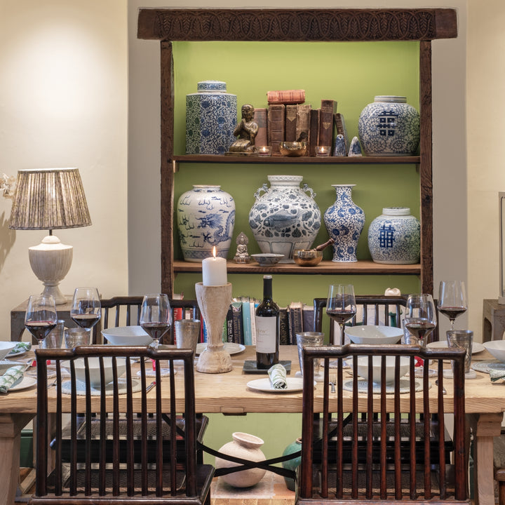 Antique Chinese Book Chair at a dining table From Zhejiang & Blue & White Porcelain Backdrop | Indigo Antiques