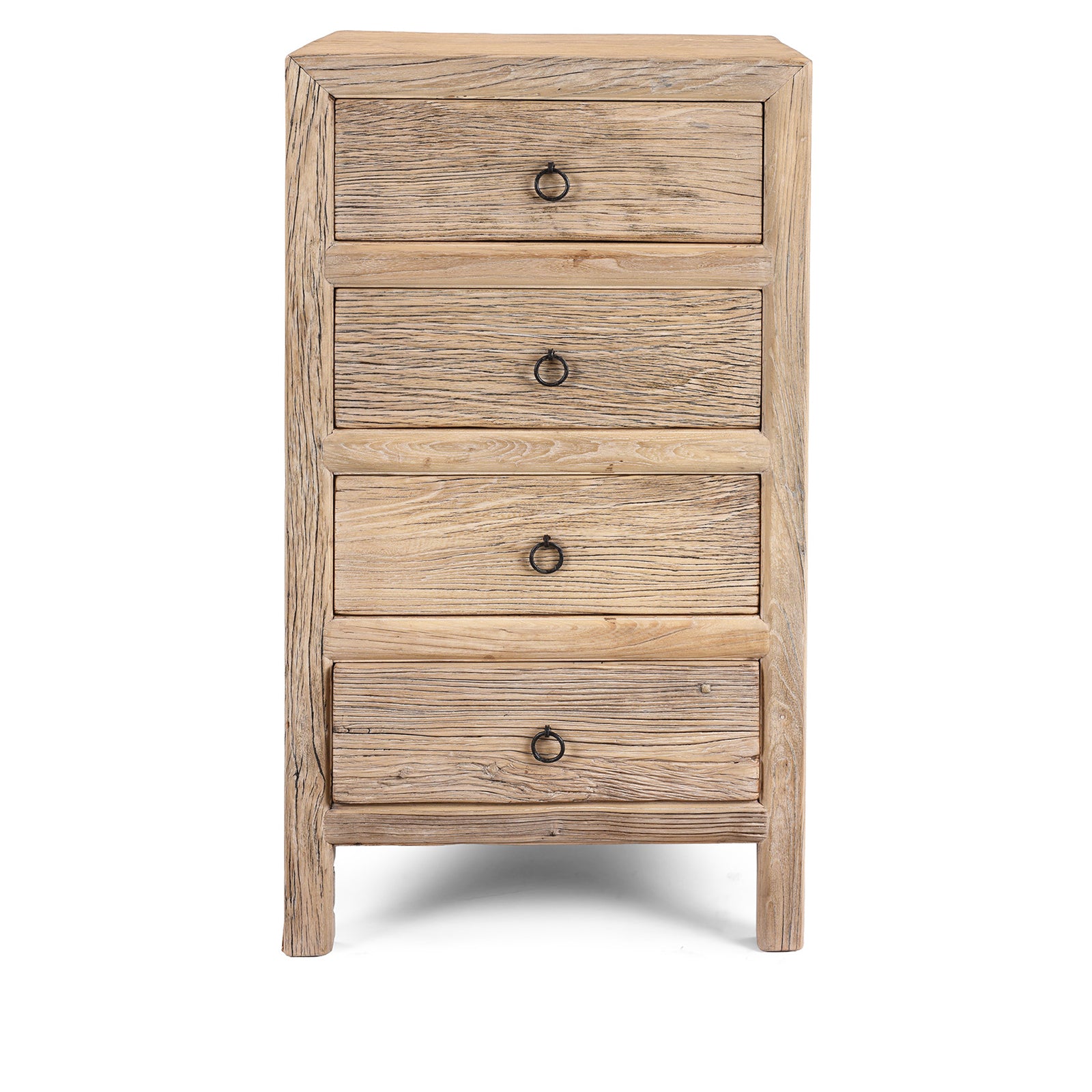 Chinese Old Elm Wood Chest Of Drawers With Four Front-Facing Drawers And Rustic Ring Pull Handles
