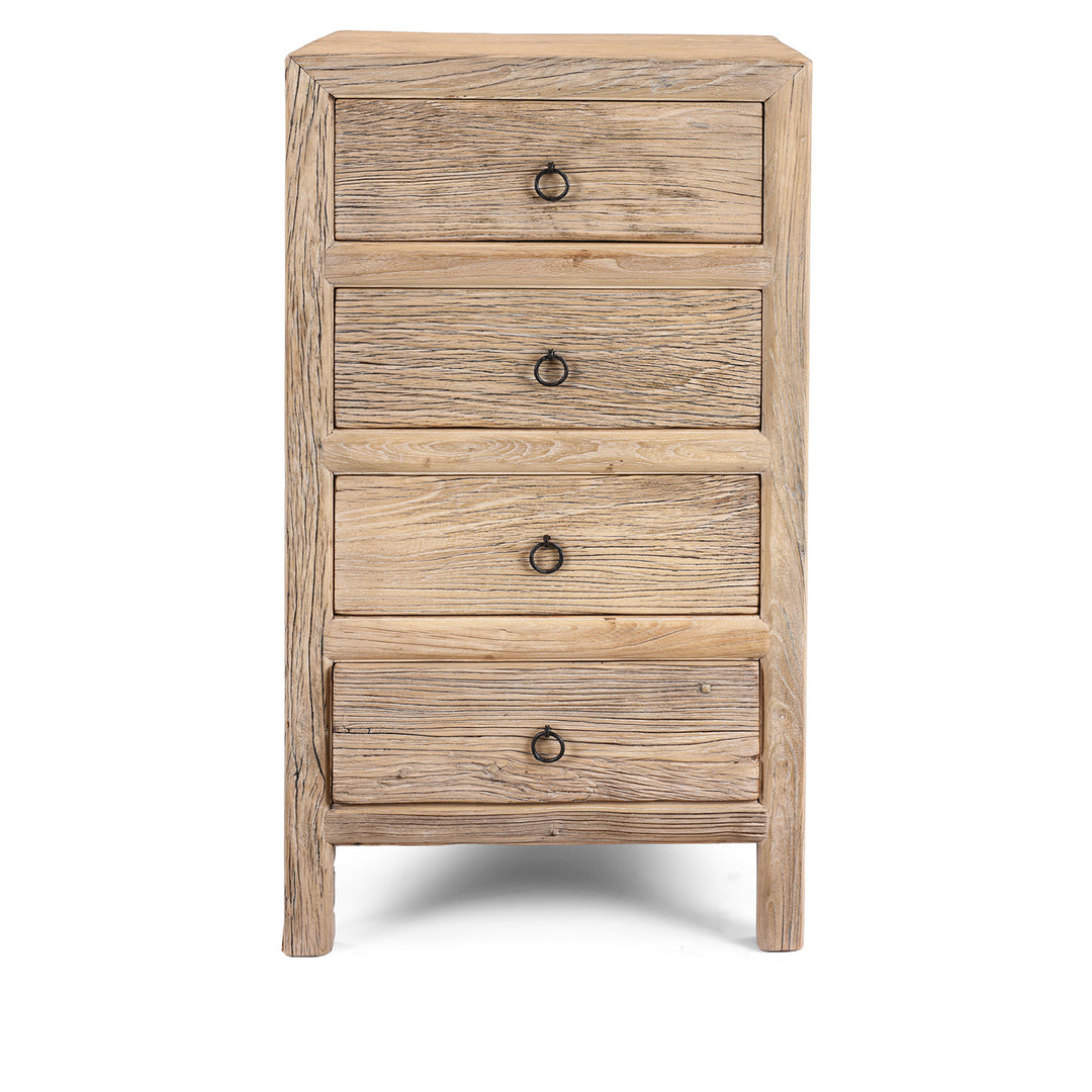Chinese Old Elm Wood Chest Of Drawers With Four Front-Facing Drawers And Rustic Ring Pull Handles