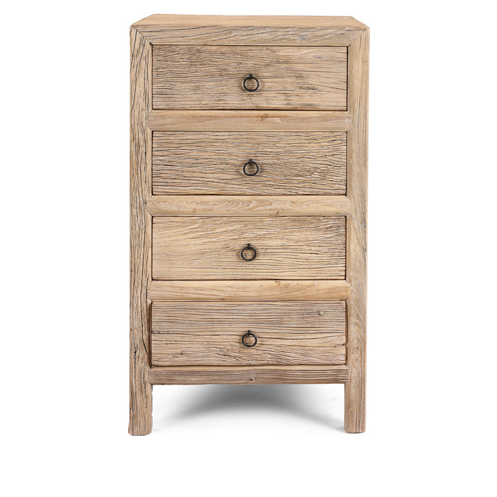 Chinese Old Elm Wood Chest Of Drawers With Four Front-Facing Drawers And Rustic Ring Pull Handles