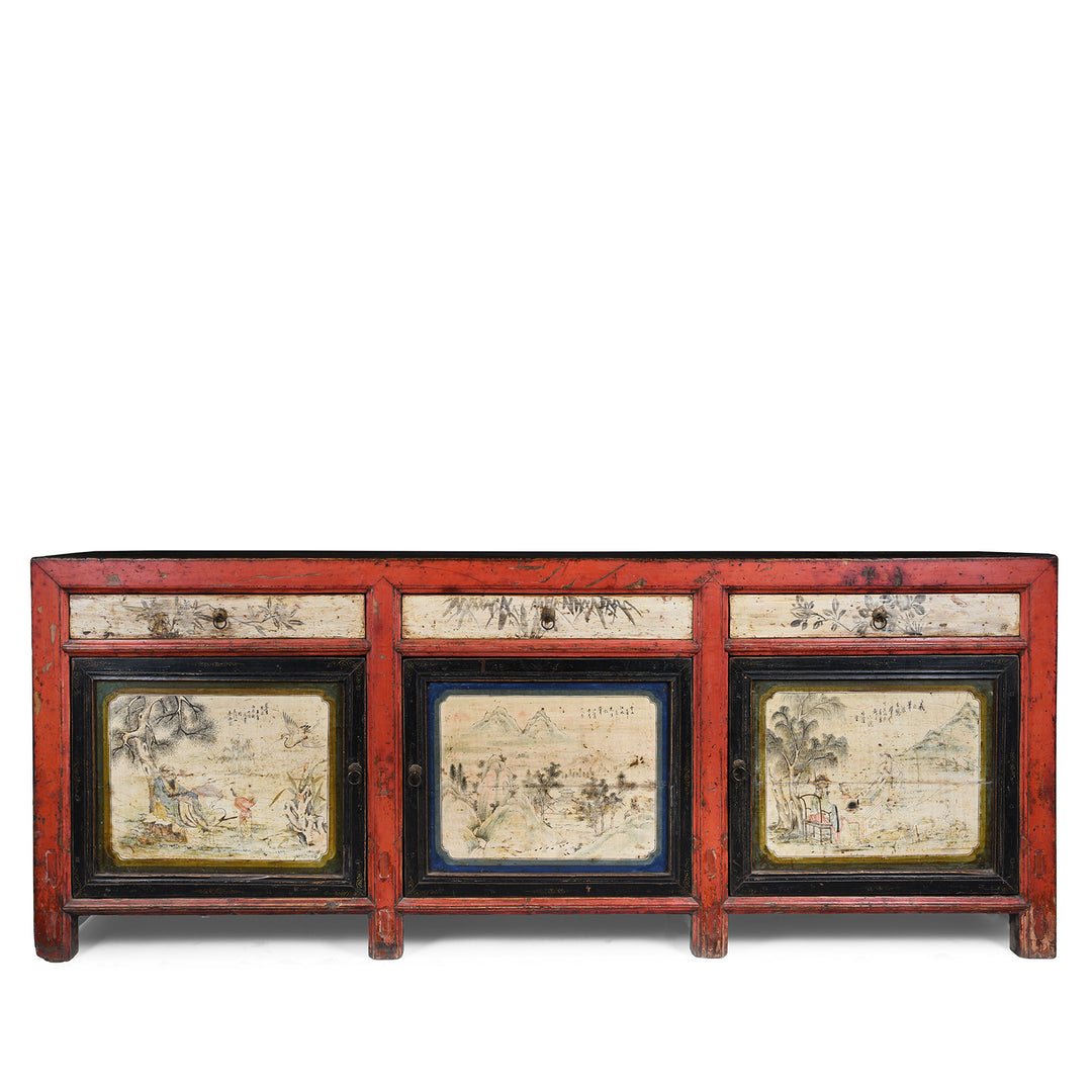 Antique Chinese Red Lacquer Sideboard With Hand-Painted Landscape Panels And Three Drawers