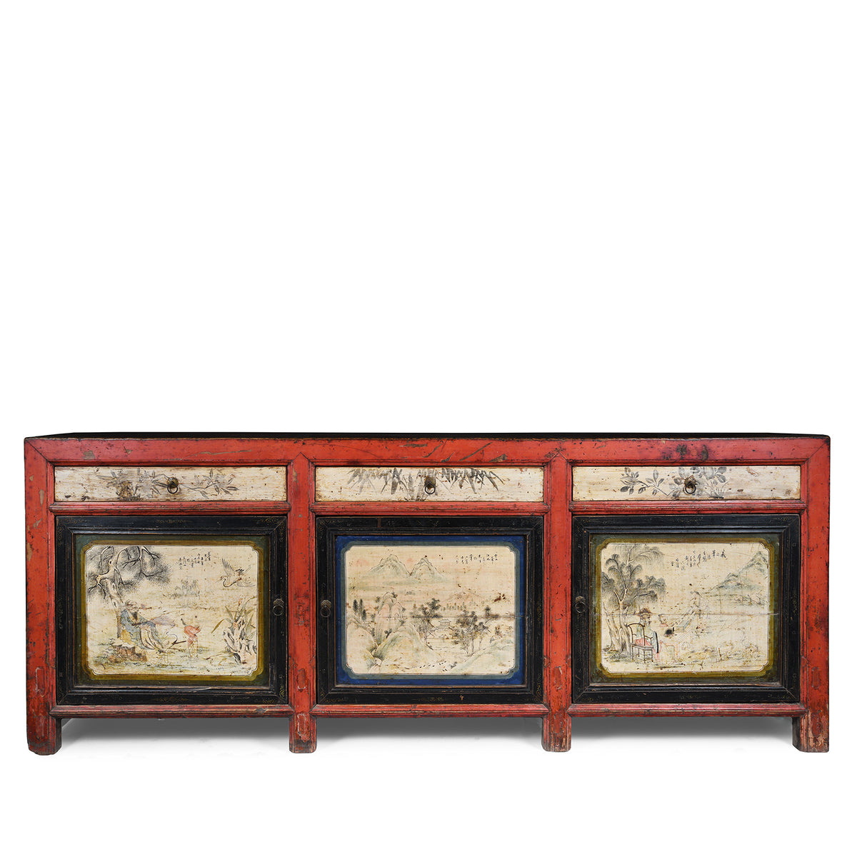 Antique Chinese Red Lacquer Sideboard With Hand-Painted Landscape Panels And Three Drawers