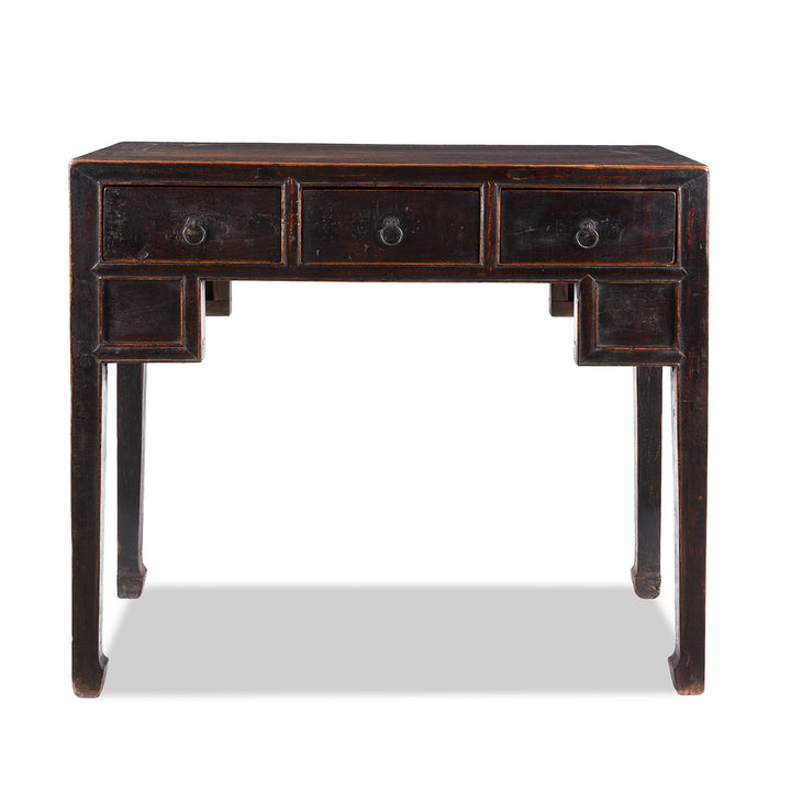 Chinese Black Lacquer Three Drawer Kneehole Desk With 3 Drawers And Metal Ring Pull Handles