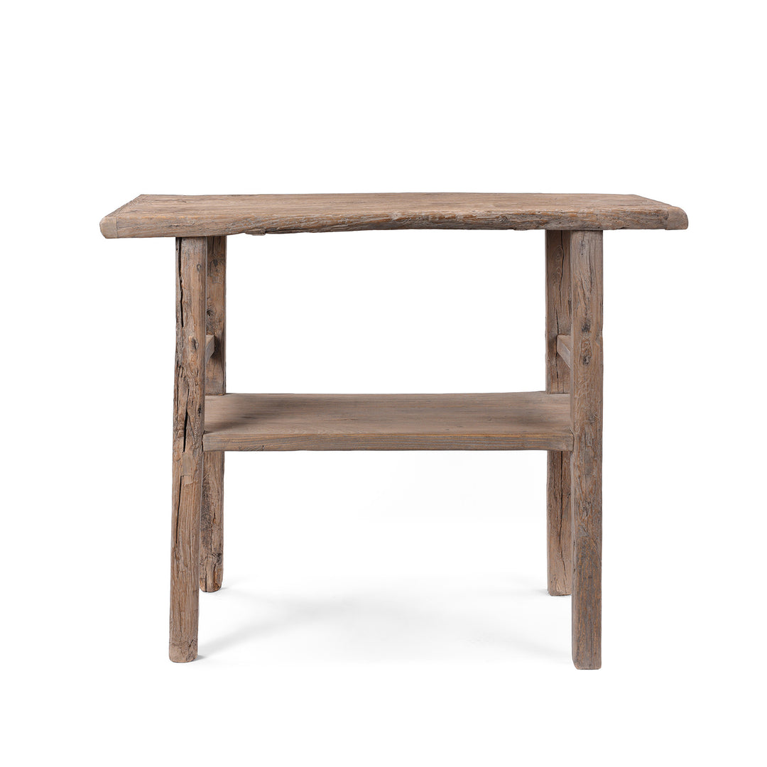 Bleached Reclaimed Elm Farmhouse Console Table With Rustic Finish And Lower Shelf