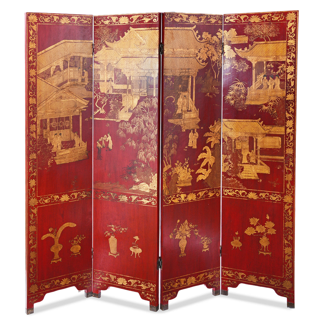 Chinese Export Red Lacquer Folding Screen With Gilt Figures And Floral Decoration | Indigo Antiques