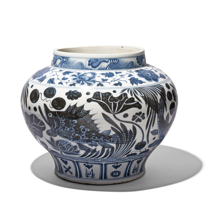 Blue & White Porcelain Jardinière - Fish Design | Indigo Antiques