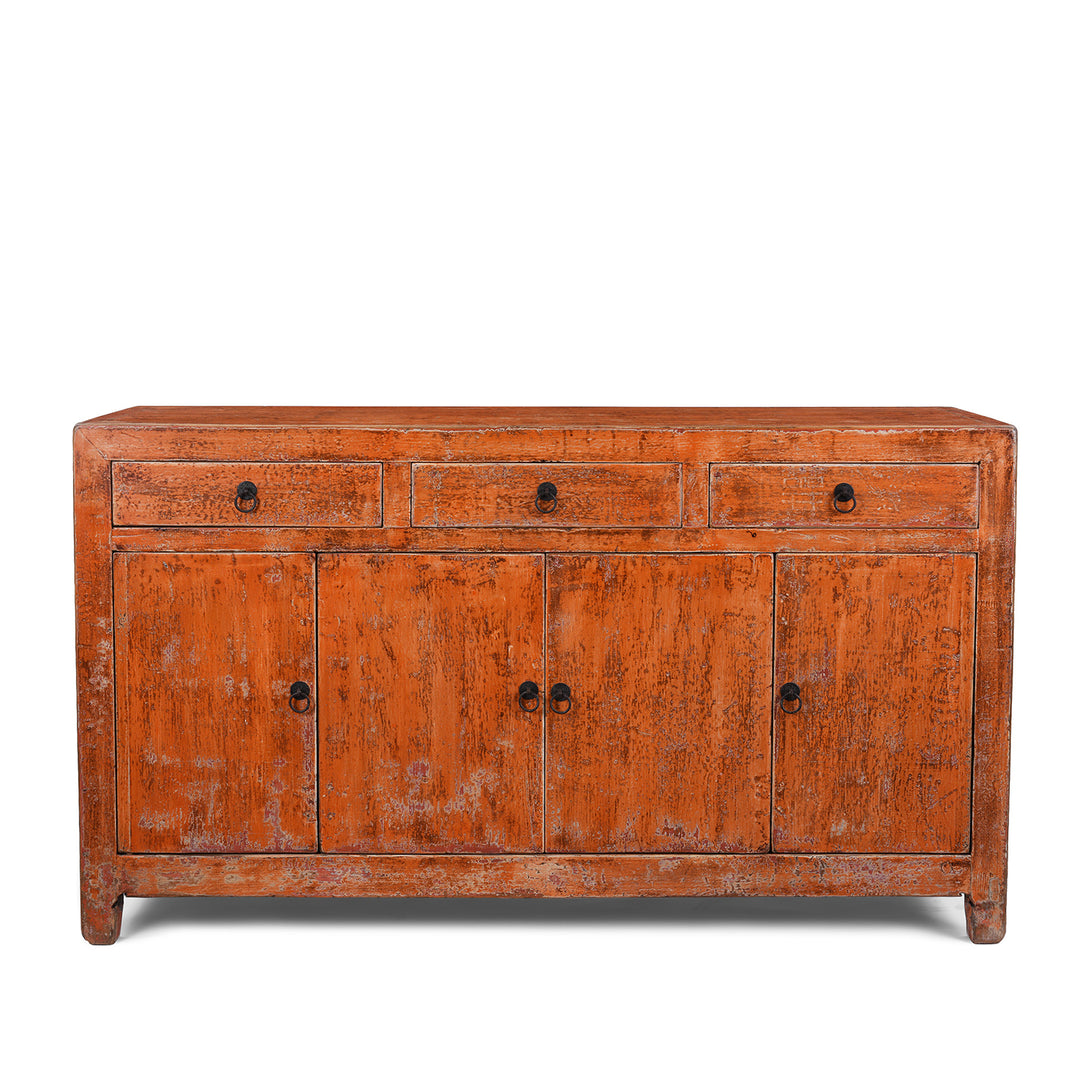 Chinese Orange Lacquered Dongbei Style Sideboard Made From Reclaimed Wood With Four Doors And Three Drawers