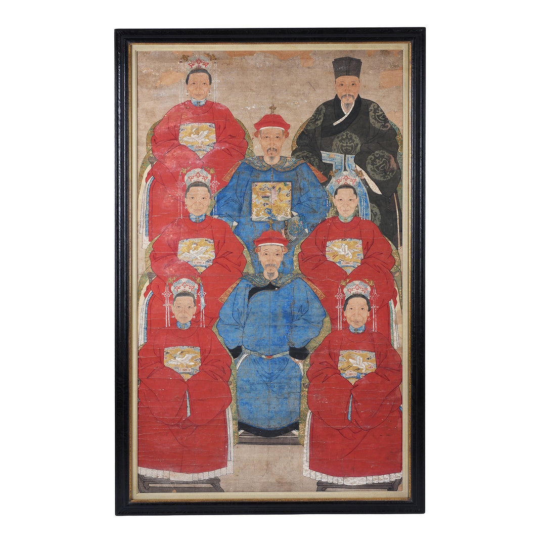 Chinese Qing Ancestor Portrait With Court Robes And Crane Phoenix Rank Badges In Black Frame