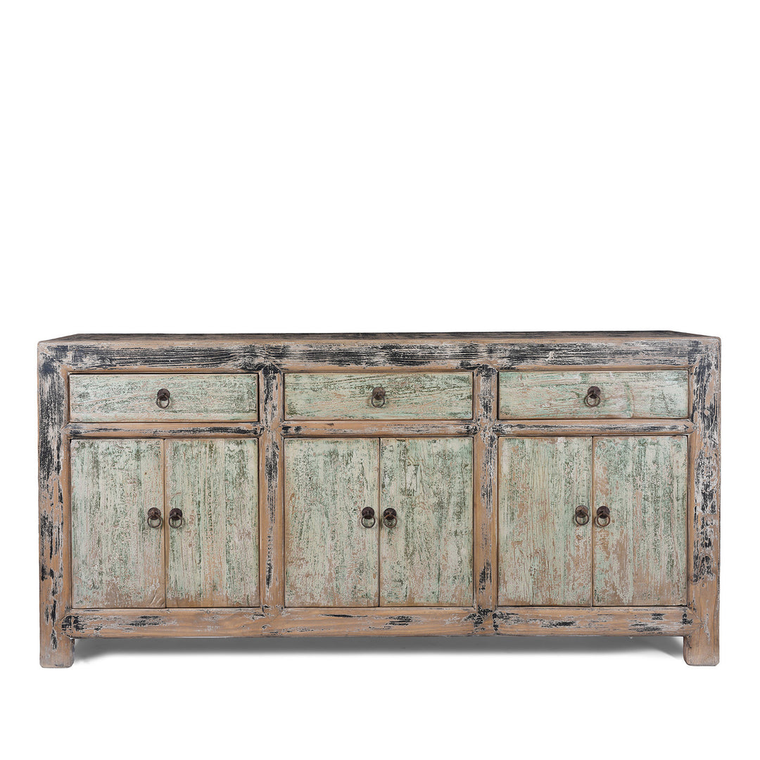 Chinese Reclaimed Pine Sideboard With Distressed Green And Black Painted Finish And Three Doors | Indigo Antiques