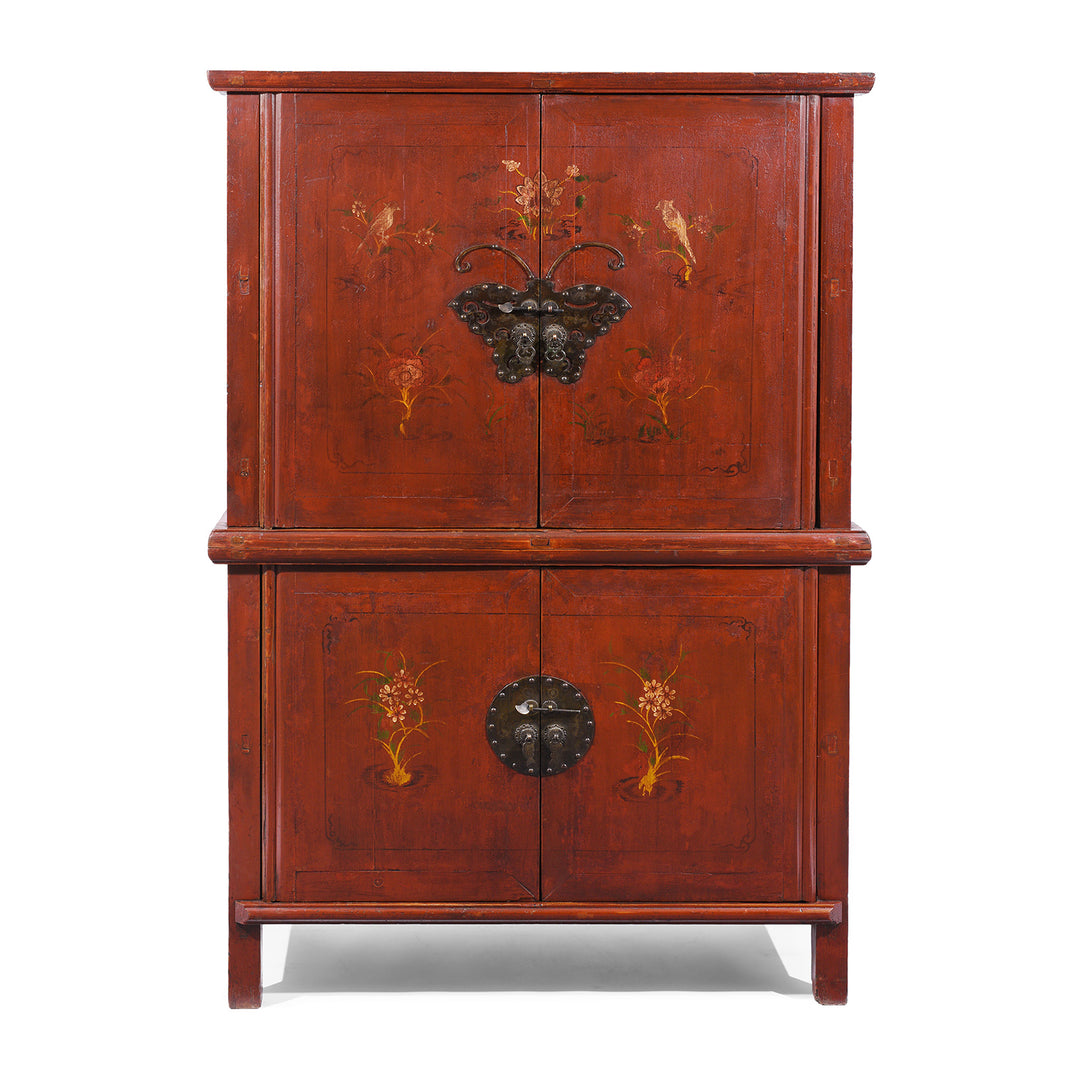 Red Lacquer Two Part Wedding Cabinet With Floral Motifs And Butterfly Lock From Zhejiang 19th Century