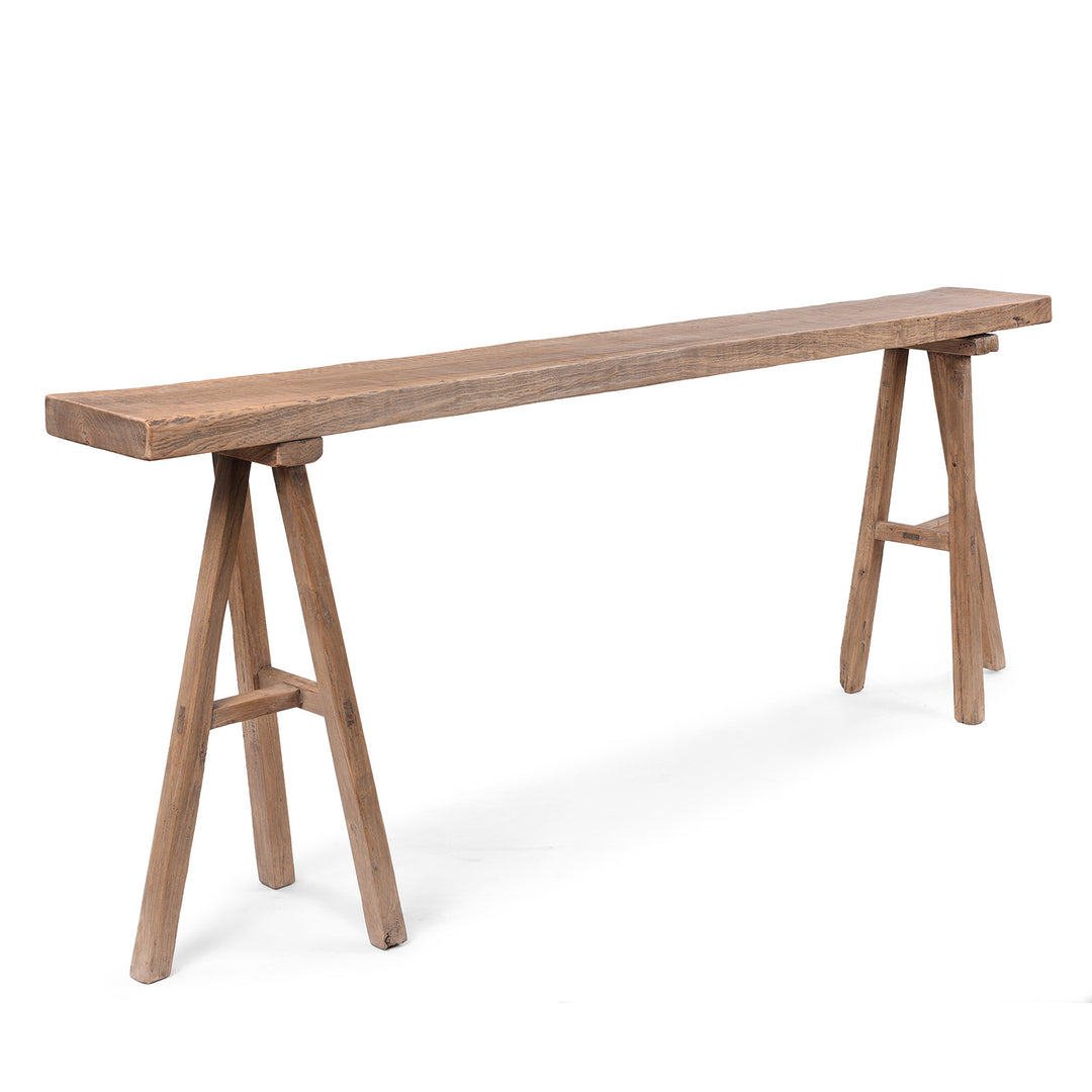 Angled View Of Chinese Walnut Trestle Console Table With Detachable Top