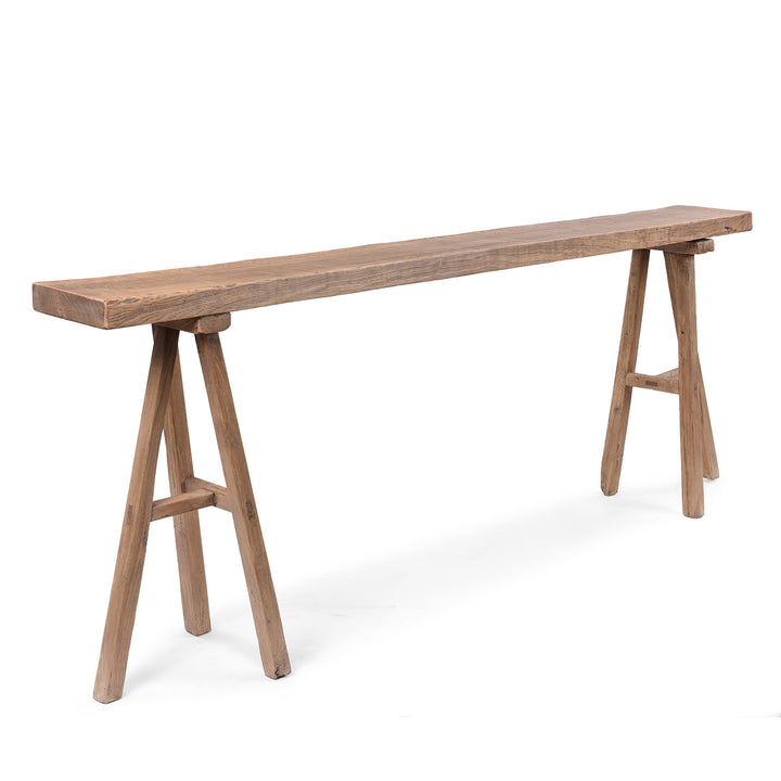 Angled View Of Chinese Walnut Trestle Console Table With Detachable Top