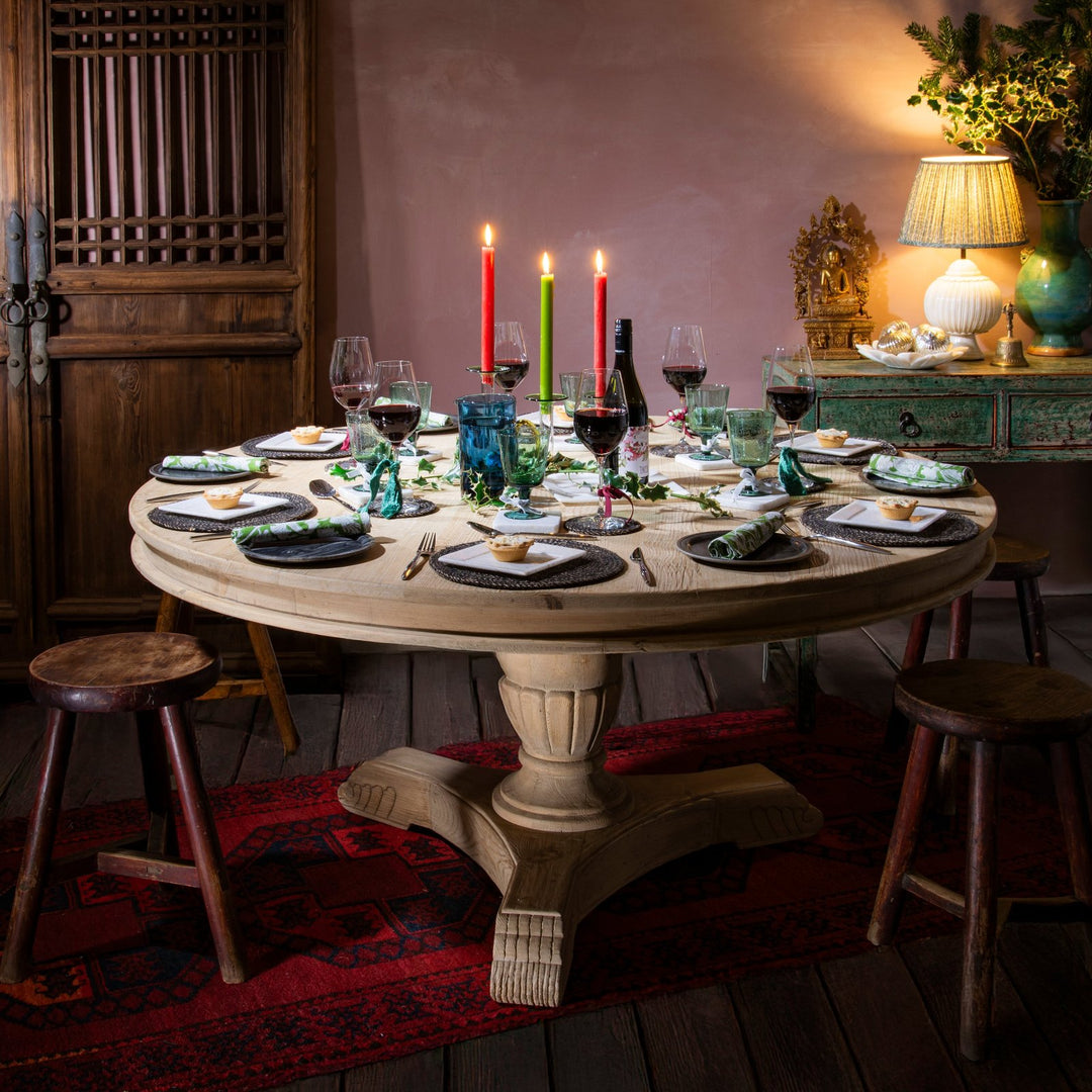Christmas Display On Round Pedestal  Dining Table Made From Old Bleached Pine | Indigo Antiques