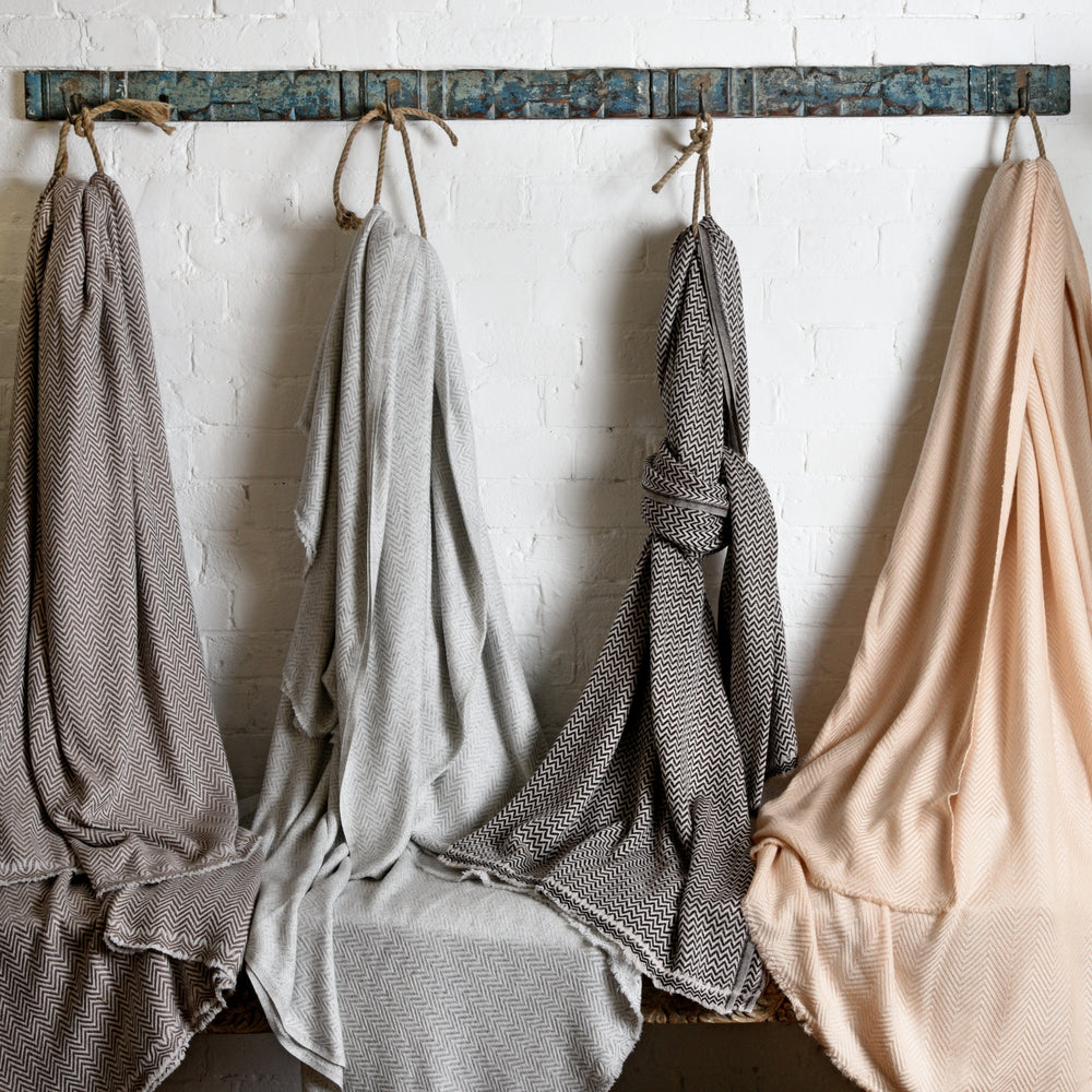 Wool Throw from Kashmir - Herringbone Charcoal | Indigo Antiques