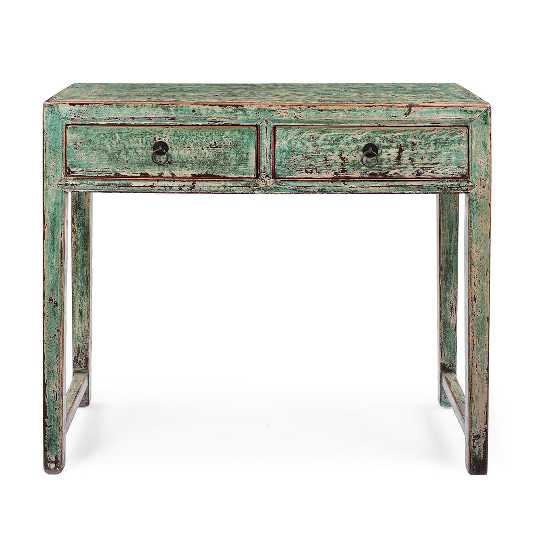 Reproduction Chinese Green Lacquer 2 Drawer Console Table | Indigo Antiques
