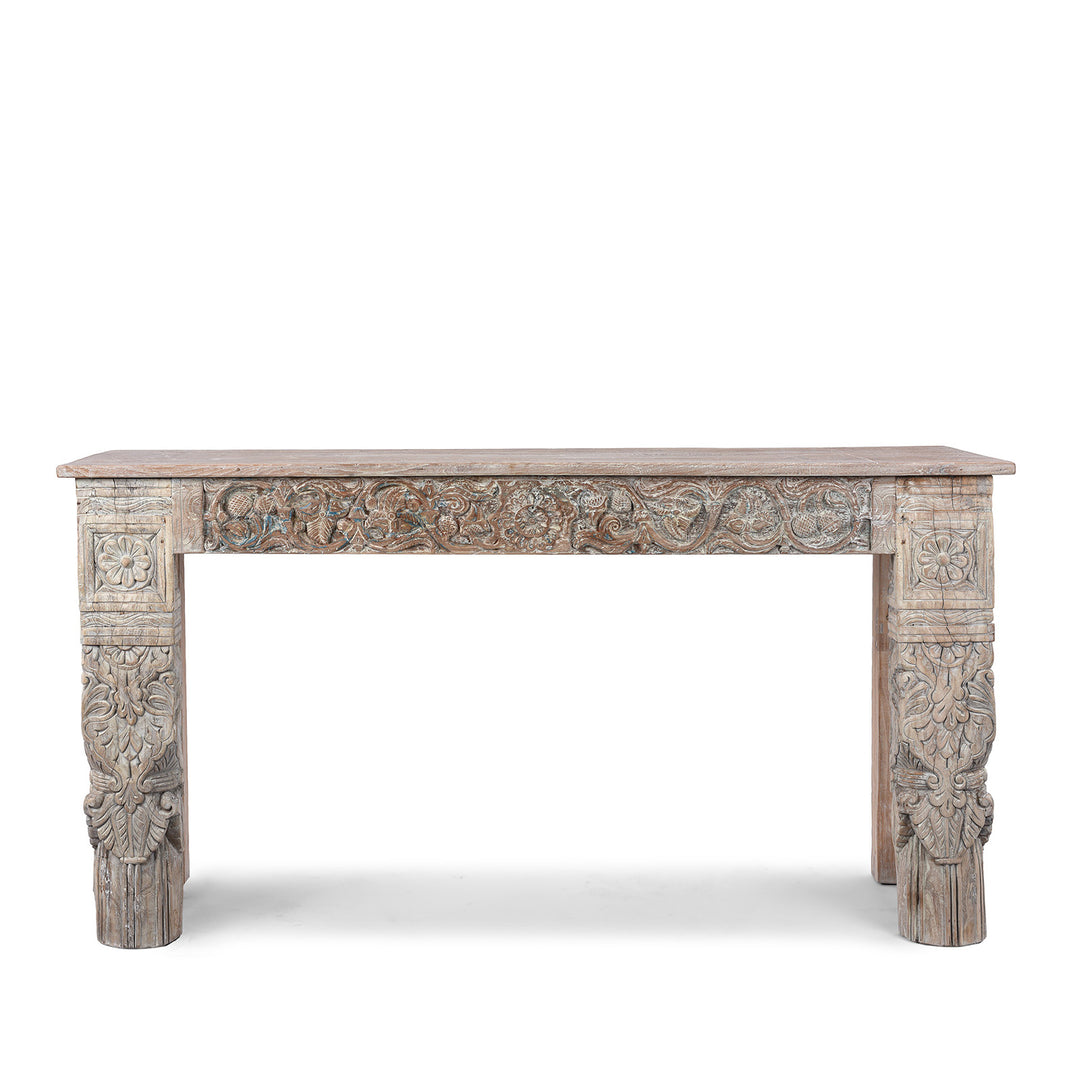 Console Table Made From Reclaimed Teak With Antique Carved Architectural Panels