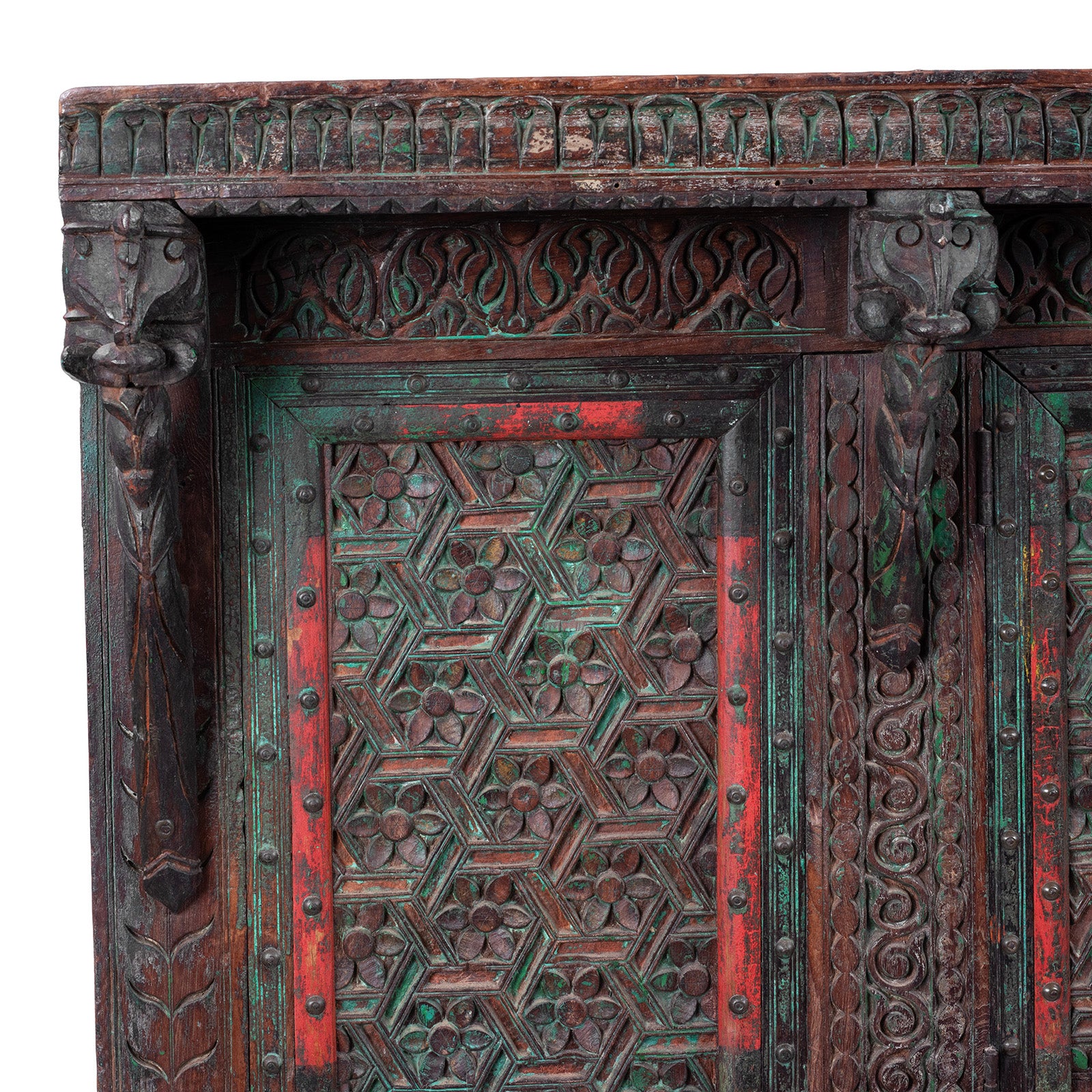Corner Detail From Antique Teak Majus Dowry Chest With Carved Geometric Panels Horse Heads And Parrot Frieze From Gujarat