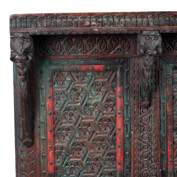 Corner Detail From Antique Teak Majus Dowry Chest With Carved Geometric Panels Horse Heads And Parrot Frieze From Gujarat
