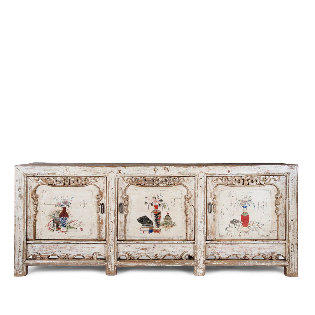 Cream Painted Qinghai Sideboard With Hand Painted Floral Panels And Wise Objects