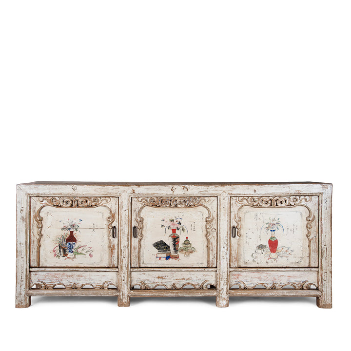 Cream Painted Qinghai Sideboard With Hand Painted Floral Panels And Wise Objects