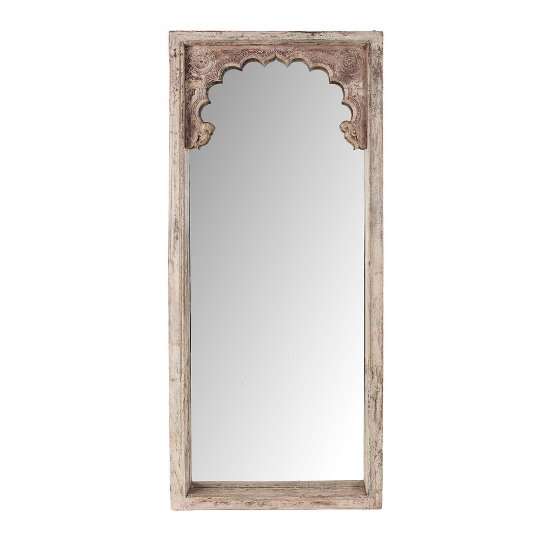 Cream Painted Teak Window Mirror From Madhya Pradesh With Mughal Mihrab Arch And Carved Parrots 19th Century