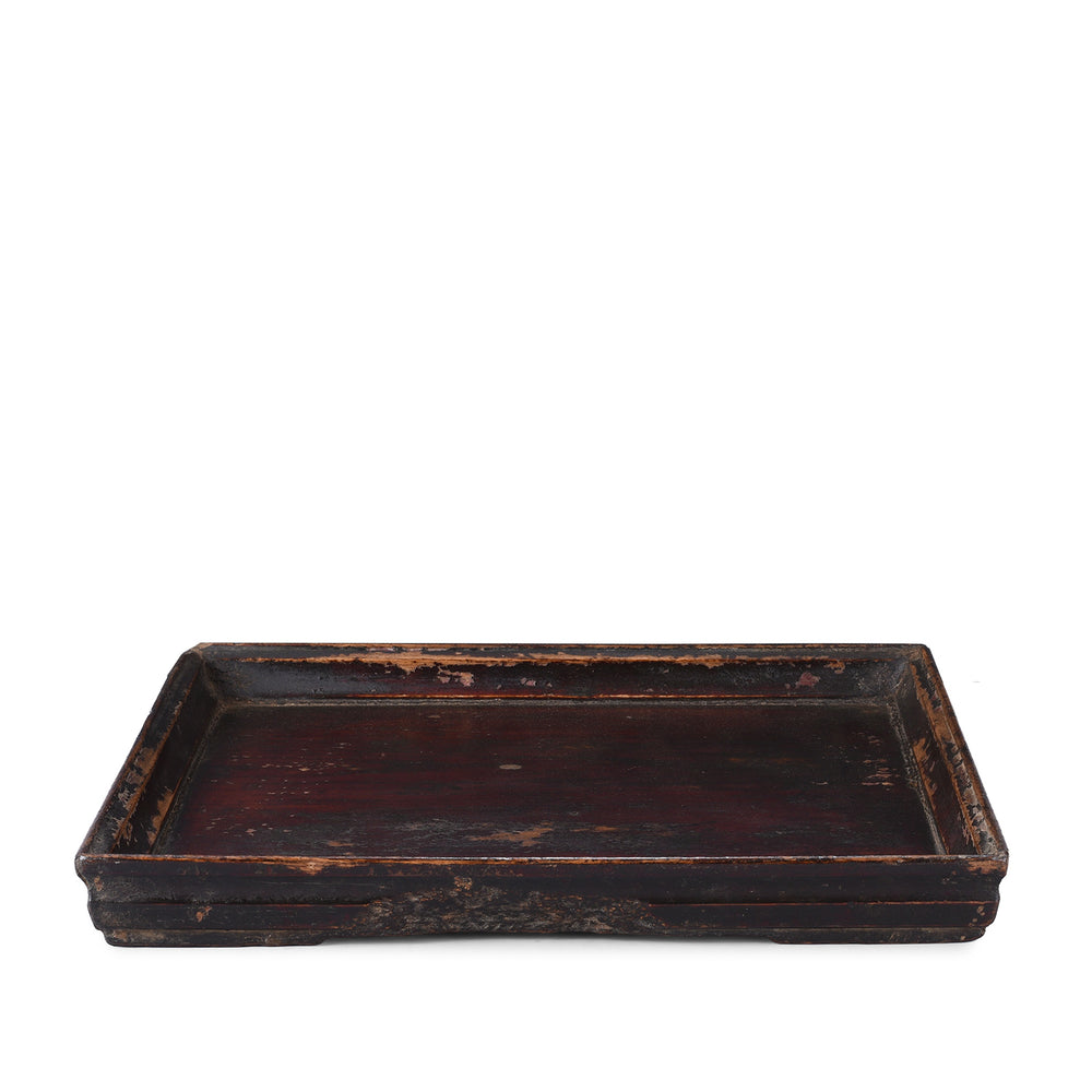Dark Vintage Square Wooden Tea Tray With Raised Edge And Rich Patina