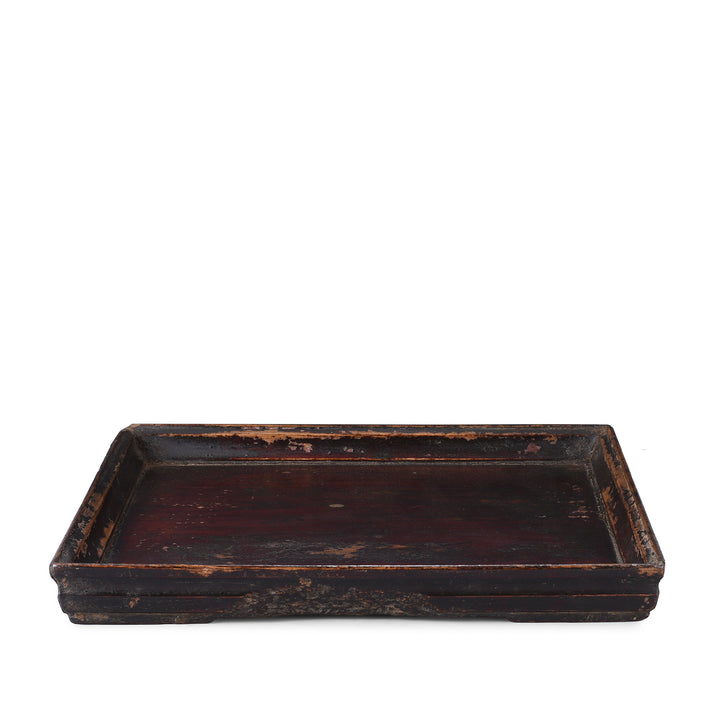 Dark Vintage Square Wooden Tea Tray With Raised Edge And Rich Patina