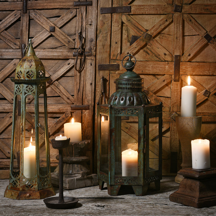 Glass Storm Lantern With Green Distressed Paint Finish | Indigo Antiques
